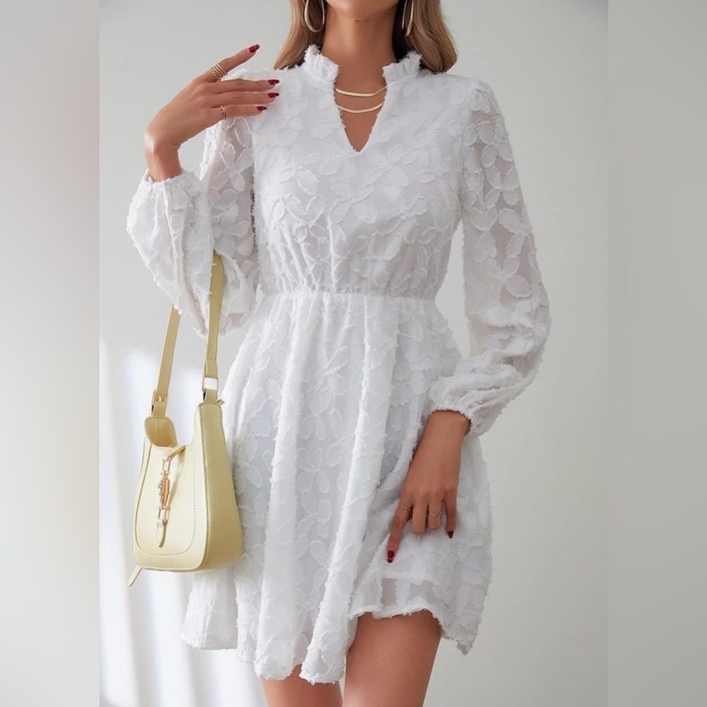 SHEIN White Bishop Sleeve V-Neck Mini Jacquard Print Dress White Size XS NWT